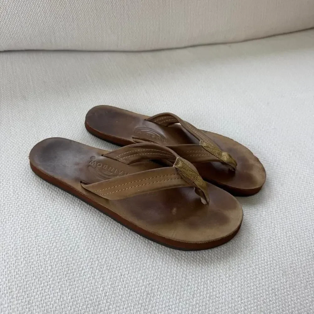 Rainbow brown leather flip flops